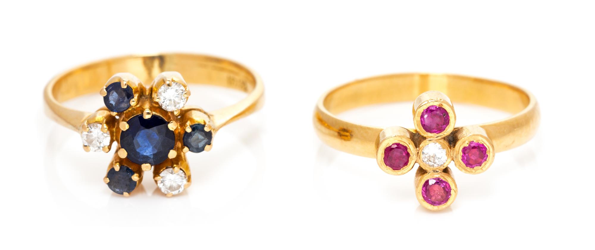A Collection of Yellow Gold, Diamond, Ruby and Sapphire Rings, 4.70 dwts.