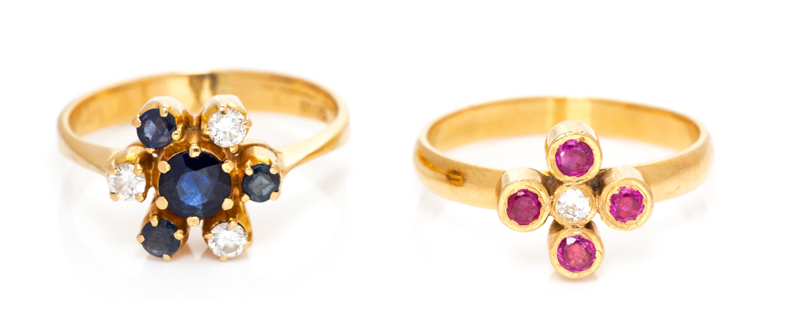 A Collection of Yellow Gold, Diamond, Ruby and Sapphire Rings, 4.70 dwts.