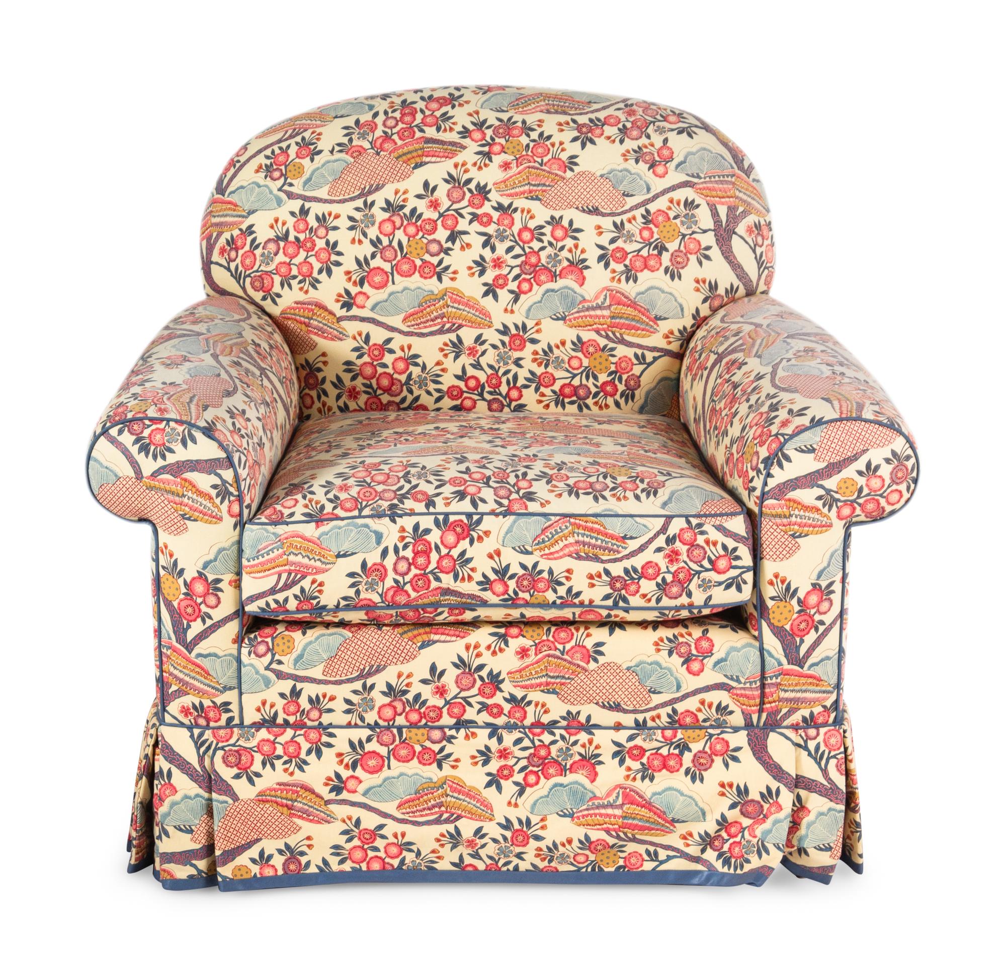 Two Contemporary Chintz-Upholstered Chairs with Ottoman