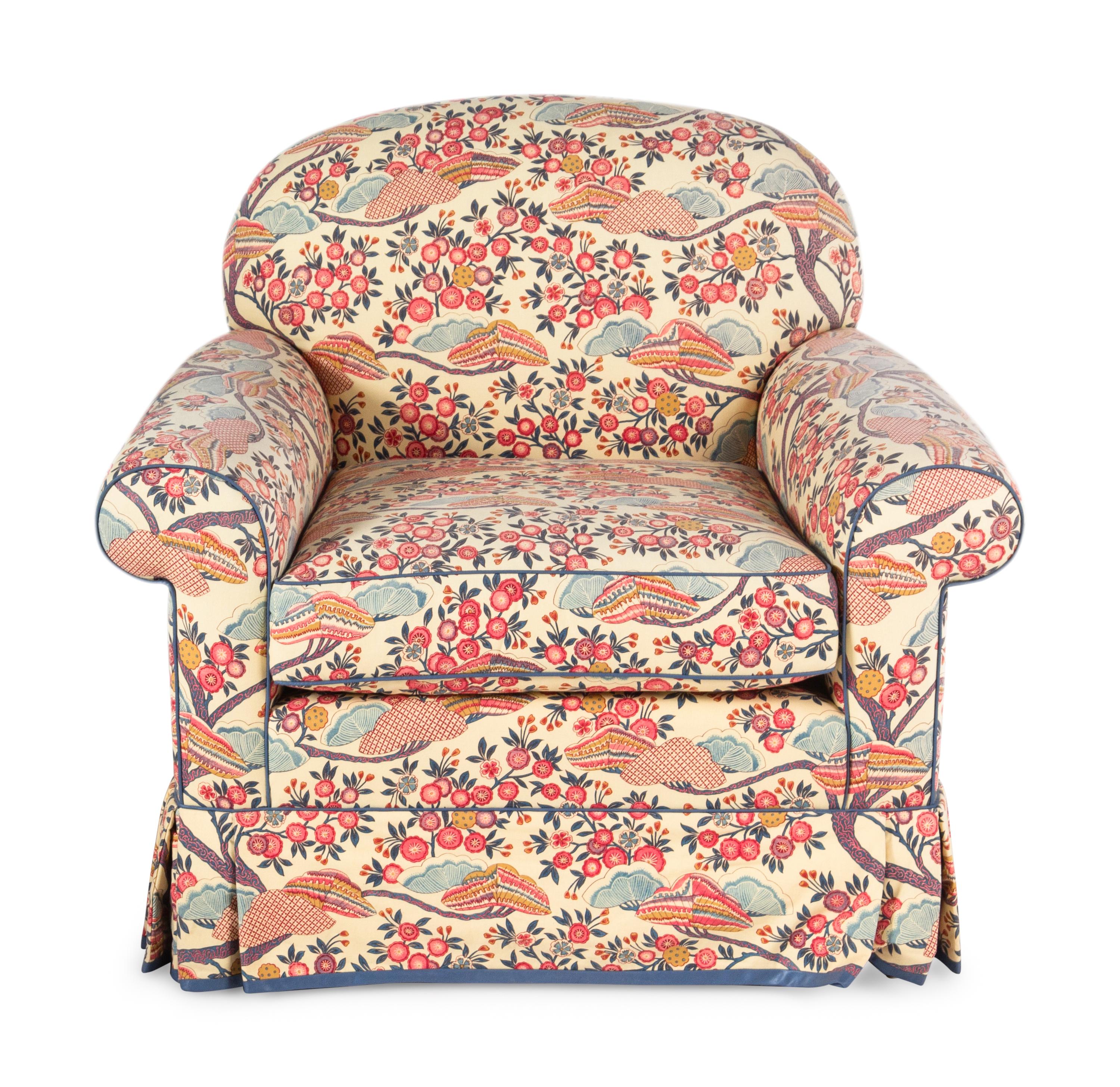 Two Contemporary Chintz-Upholstered Chairs with Ottoman