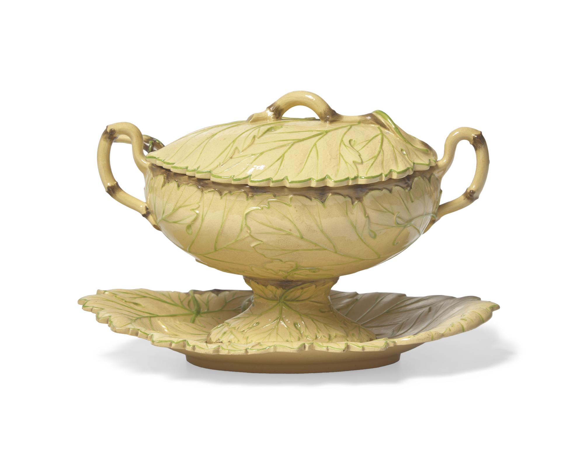A Wedgwood Glazed Caneware Leaf Decorated Sauce Boat