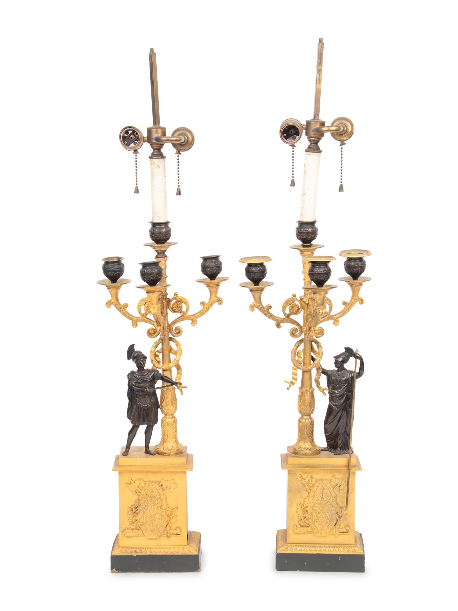 A Pair of Empire Gilt and Patinated Bronze Four-Light Candelabra