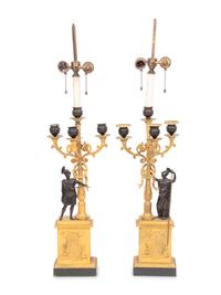 A Pair of Empire Gilt and Patinated Bronze Four-Light Candelabra