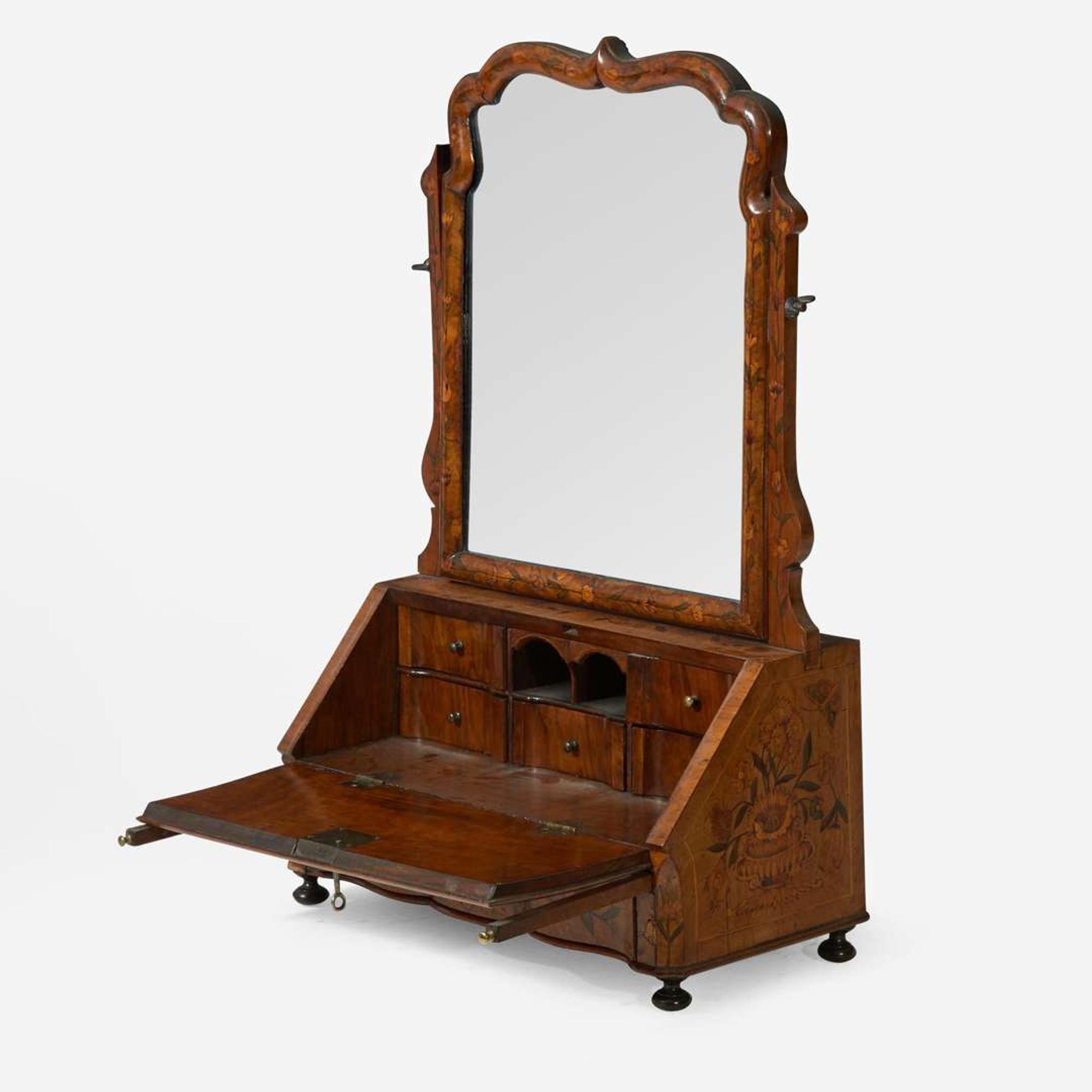 A Dutch William & Mary walnut marquetry stand, box, and dressing mirror, 18th / 19th century