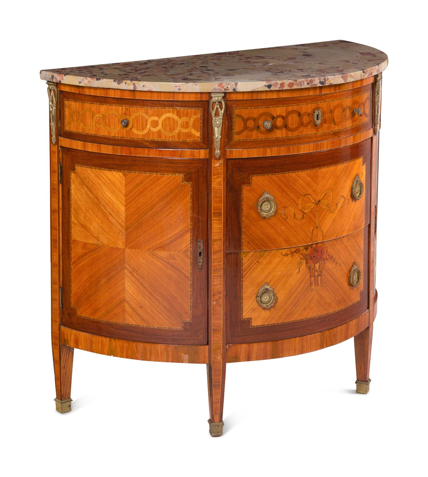 A Louis XVI Style Gilt Metal-Mounted Marquetry Marble-Top Demilune Commode