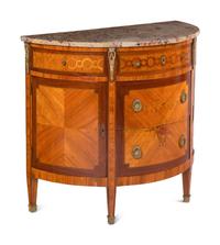 A Louis XVI Style Gilt Metal-Mounted Marquetry Marble-Top Demilune Commode