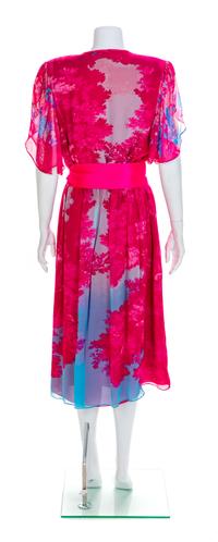 Hanae Mori Boutique Pink Silk Chiffon Dress with Belt, 1980s Size label: 14