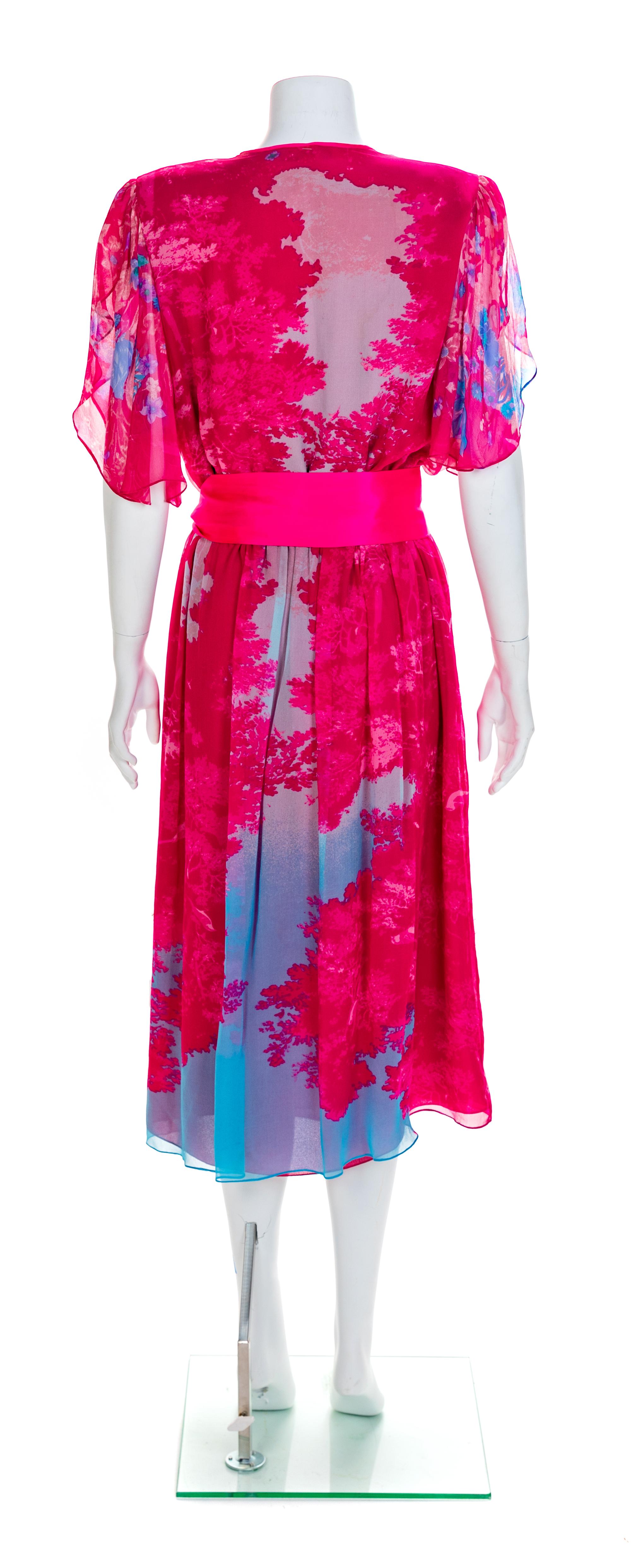 Hanae Mori Boutique Pink Silk Chiffon Dress with Belt, 1980s Size label: 14