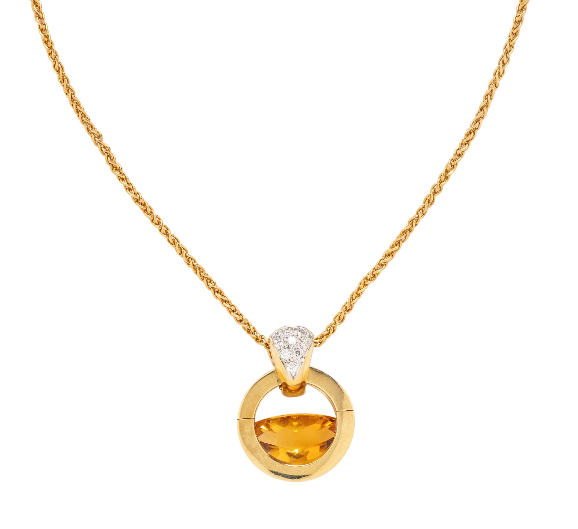 MOVADO, YELLOW GOLD, CITRINE AND DIAMOND PENDANT/NECKLACE