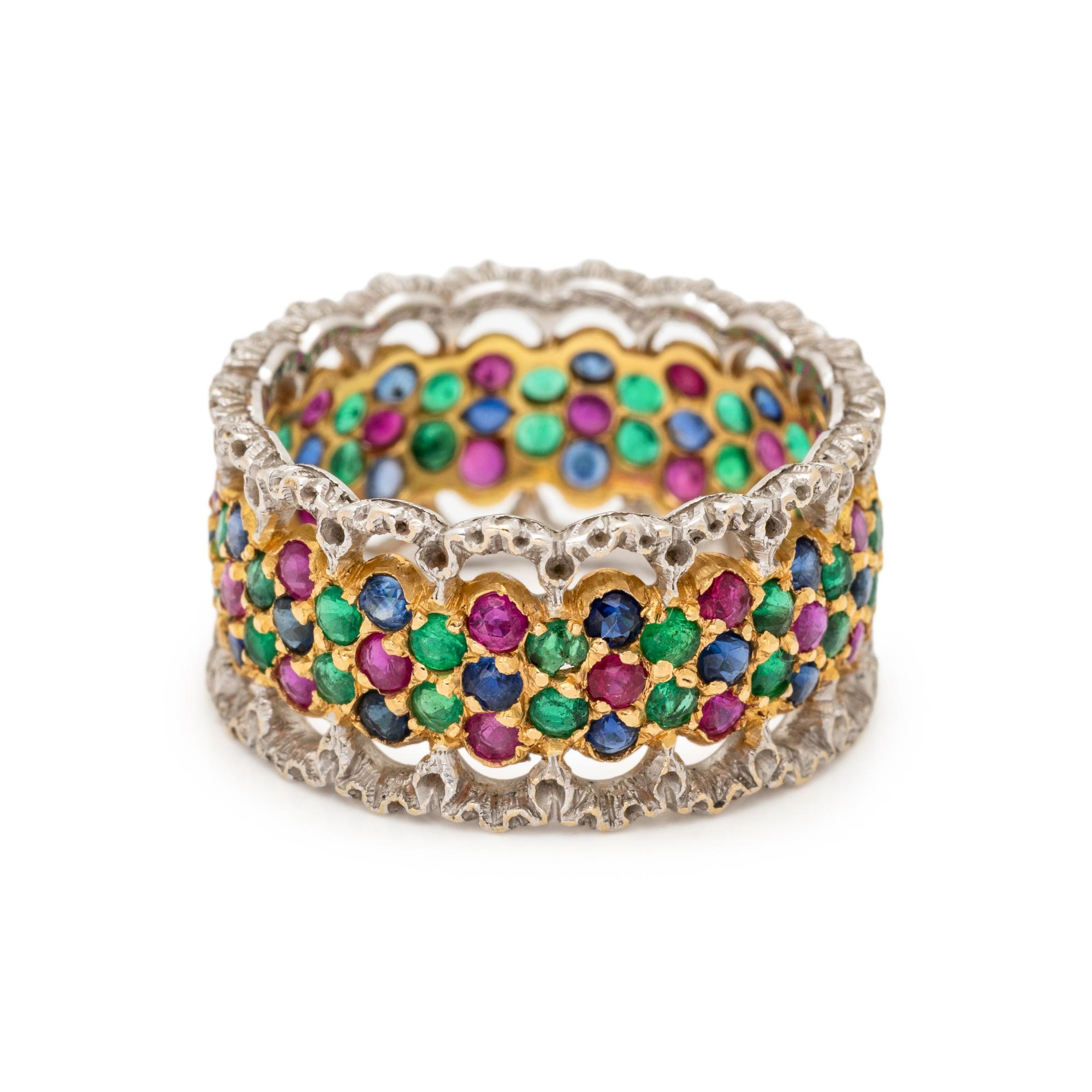 BUCCELLATI, BICOLOR GOLD, EMERALD, SAPPHIRE, AND RUBY BAND