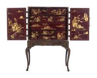 A Chinese Export Gilt Decorated Lacquer Cabinet on Stand