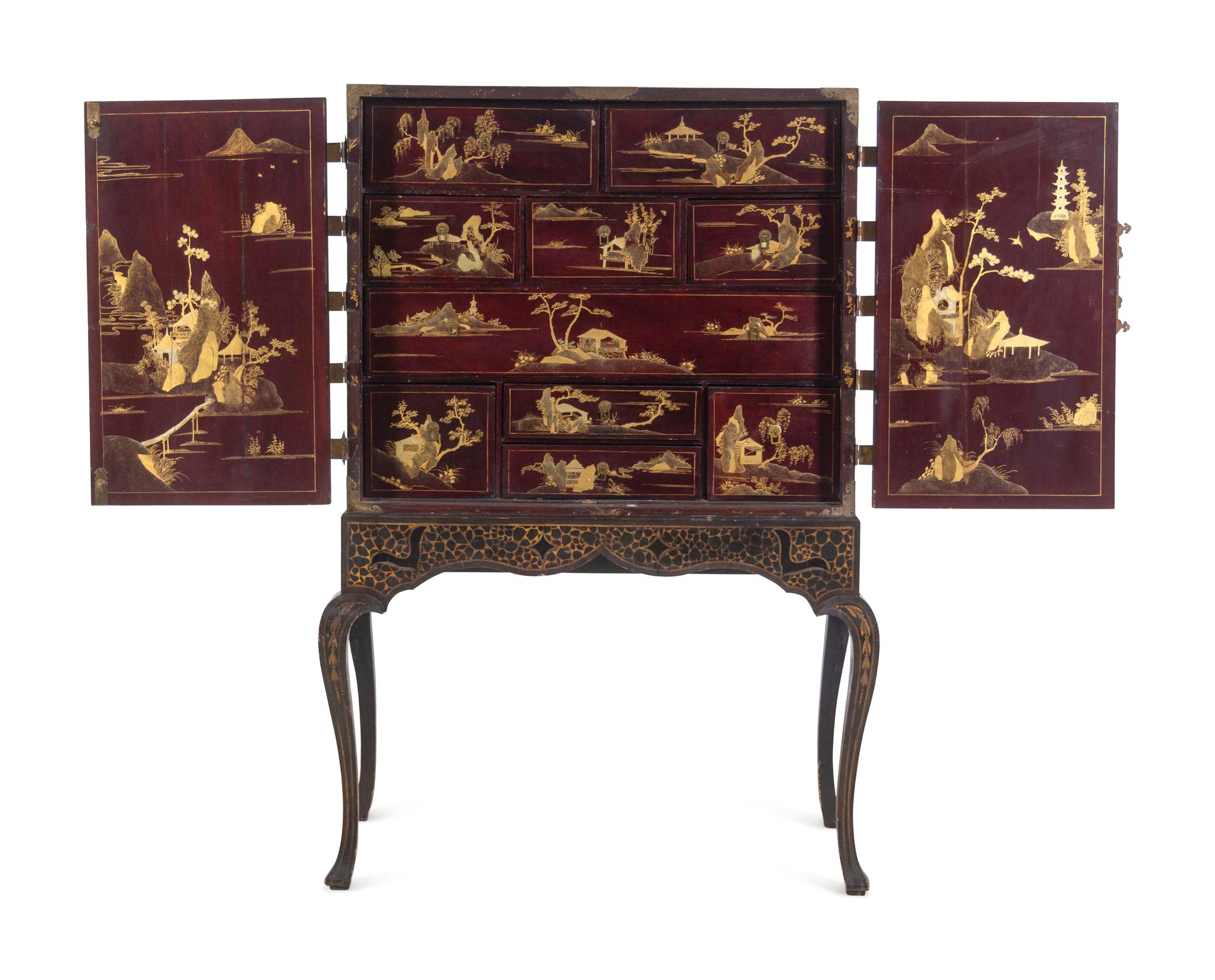 A Chinese Export Gilt Decorated Lacquer Cabinet on Stand