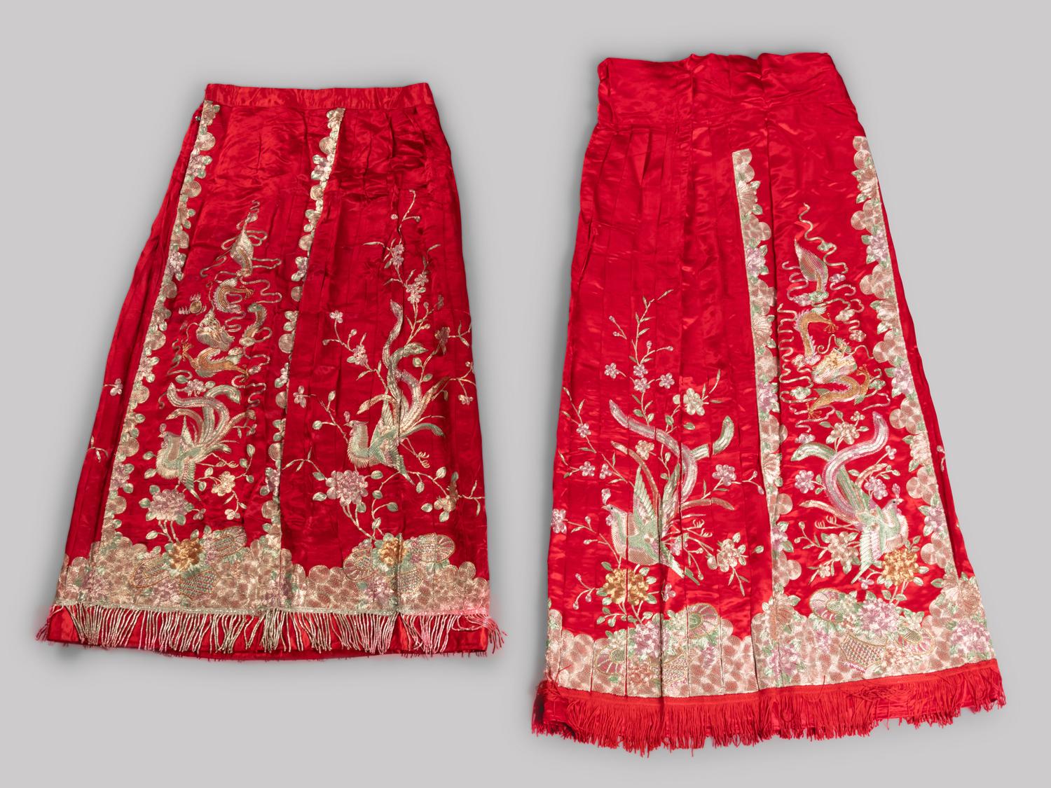 Two Sets of Chinese Embroidered Silk Wedding Gowns