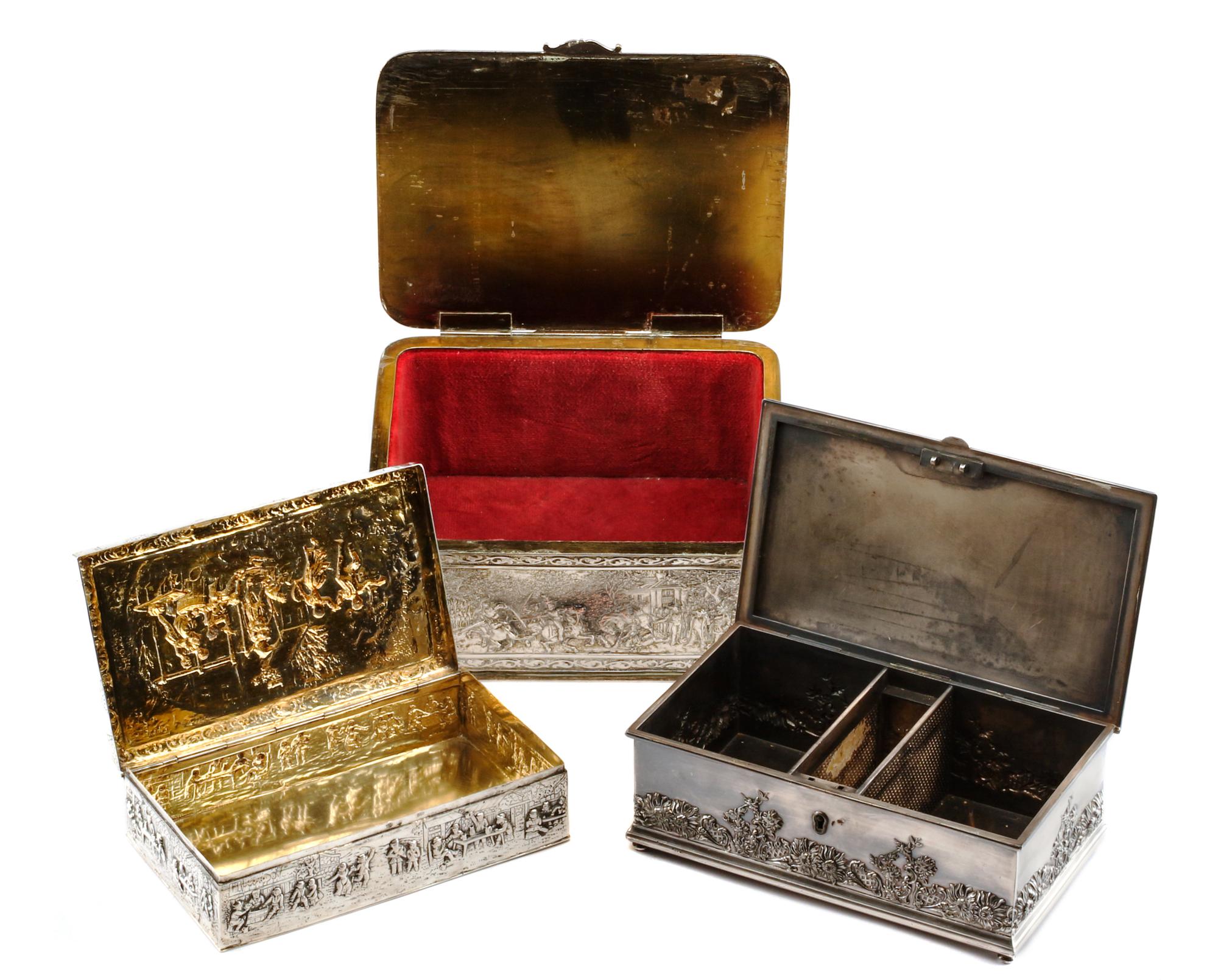 Three Silver and Silver-Plate Table Caskets, Various Makers, First Half 20th Century, comprising an Italian silver example worked to sh