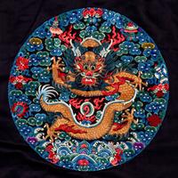A Chinese Navy Satin Ground Embroidered Silk 'Dragon and Crane' Robe, Qiagua , Late 19th Century 清晚期 石青緞地綉龍紋團鶴紋袷褂