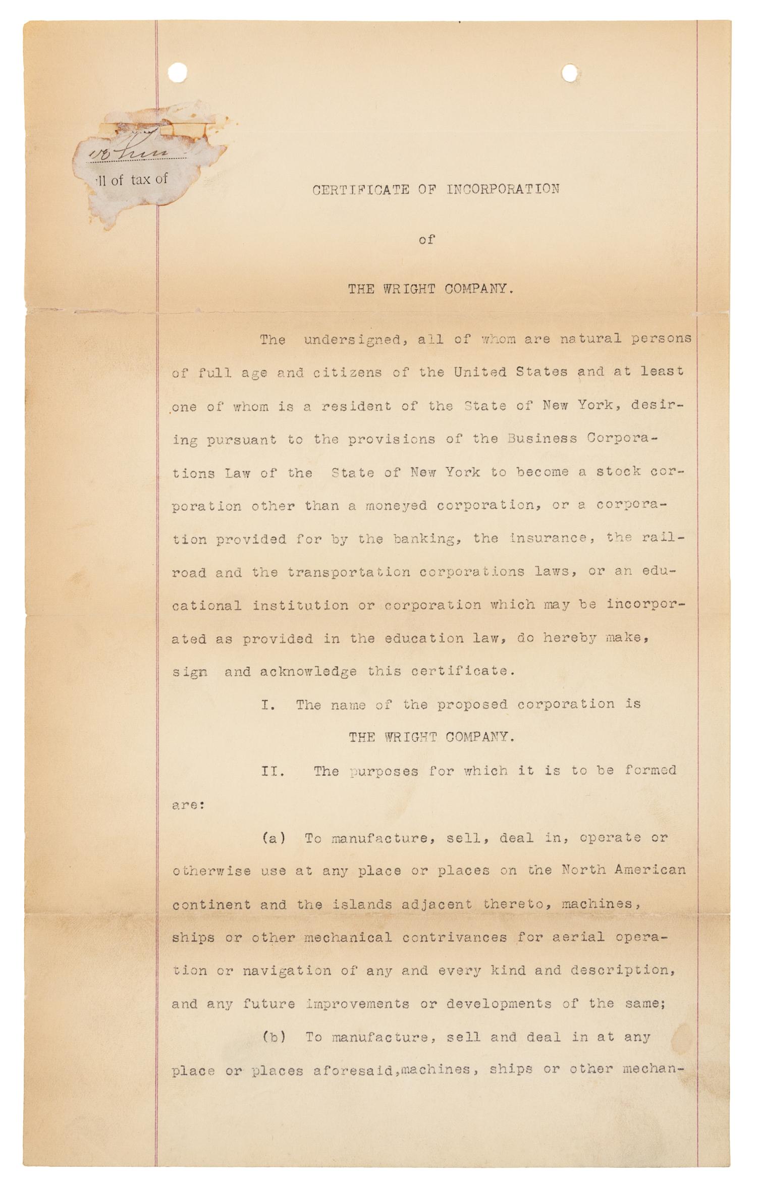[WRIGHT BROTHERS]. WRIGHT, Wilbur (1867-1912) -- WRIGHT, Orville (1871-1948). Typed document signed ("Wilbur Wright", "Orville Wright", "George A. Steves", "Henry S. Hooker", "Alpheus F. Barnes"), New York, NY, 18 November 1909.