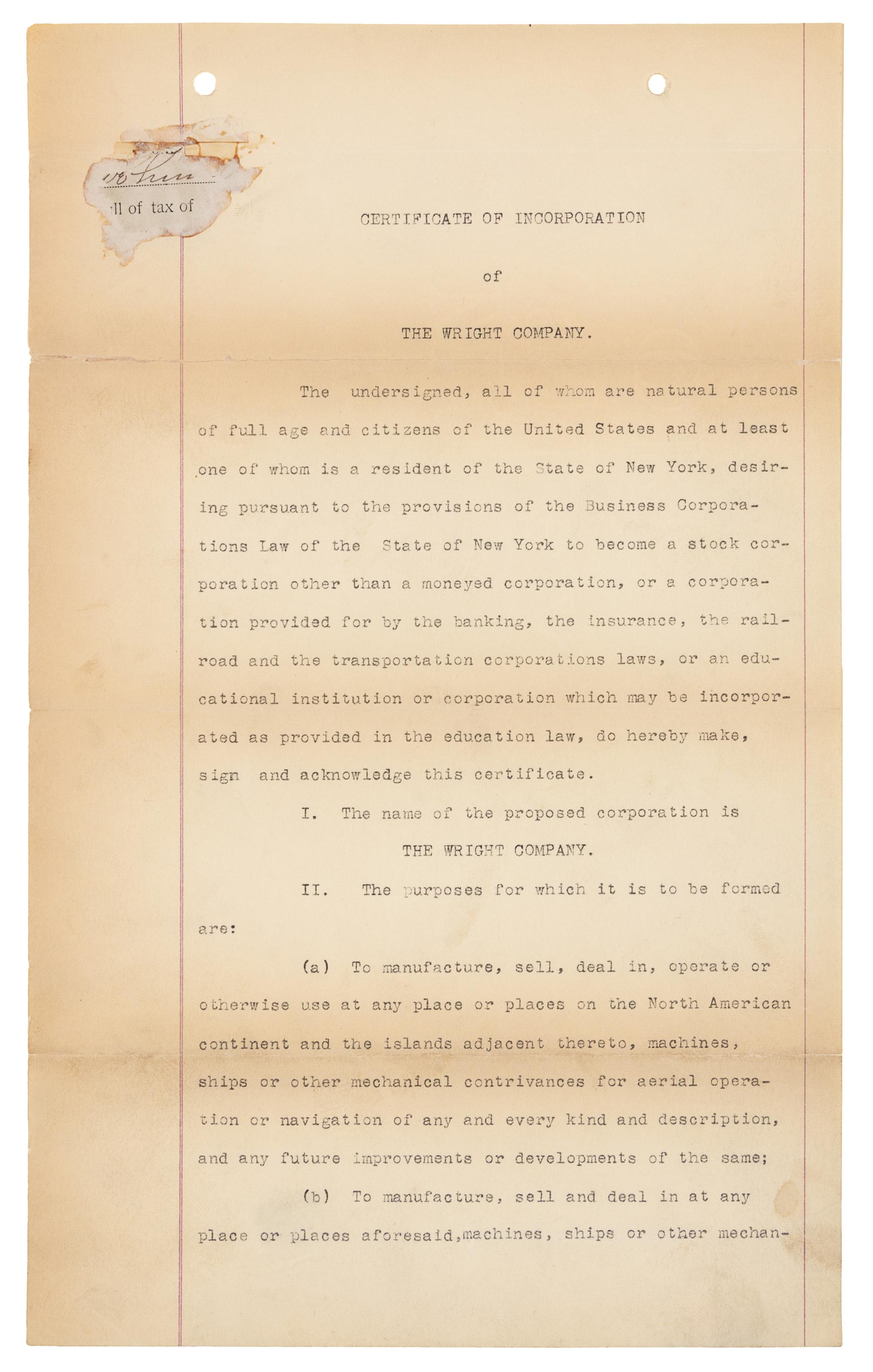 [WRIGHT BROTHERS]. WRIGHT, Wilbur (1867-1912) -- WRIGHT, Orville (1871-1948). Typed document signed ("Wilbur Wright", "Orville Wright", "George A. Steves", "Henry S. Hooker", "Alpheus F. Barnes"), New York, NY, 18 November 1909.