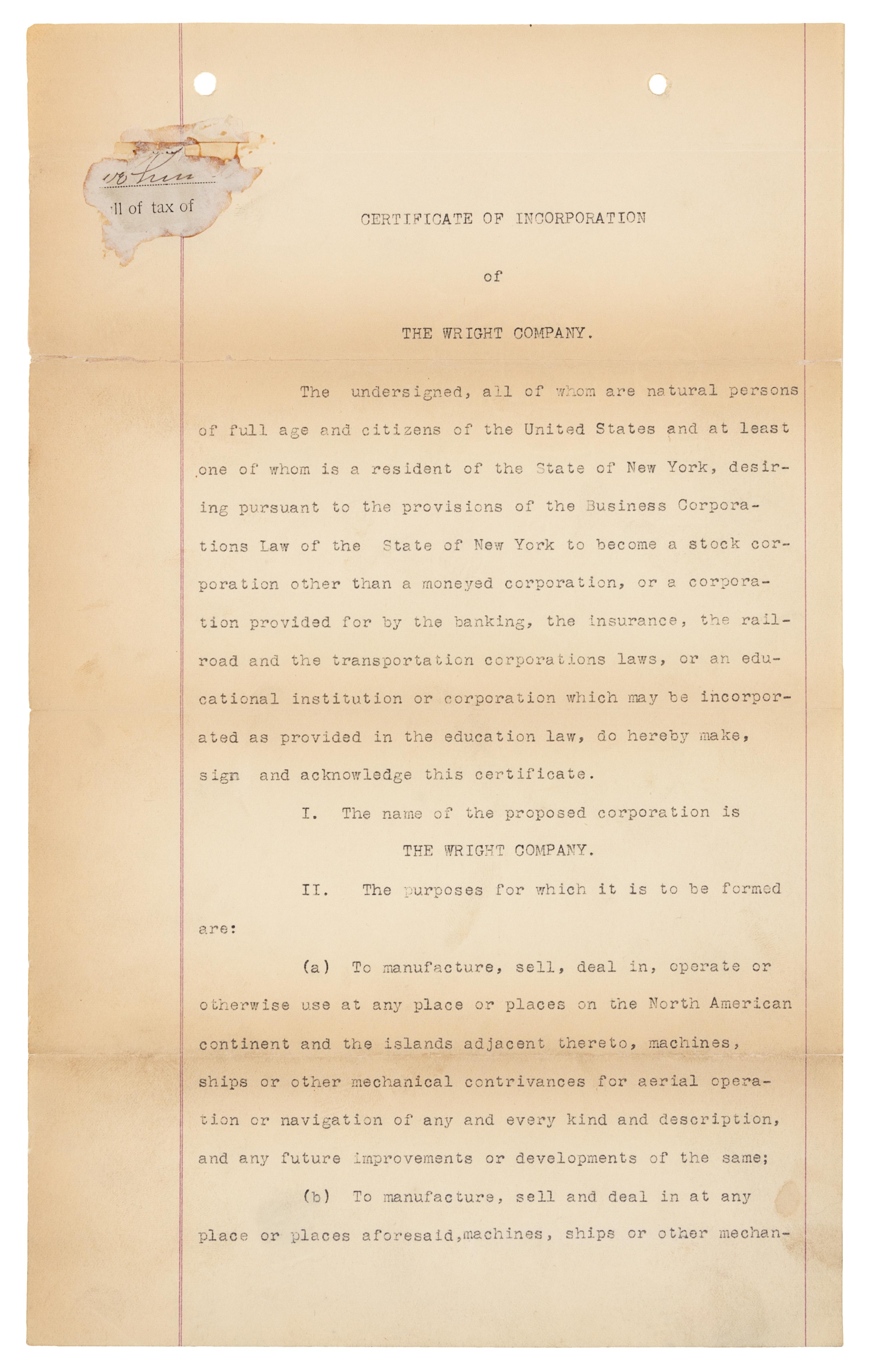 [WRIGHT BROTHERS]. WRIGHT, Wilbur (1867-1912) -- WRIGHT, Orville (1871-1948). Typed document signed ("Wilbur Wright", "Orville Wright", "George A. Steves", "Henry S. Hooker", "Alpheus F. Barnes"), New York, NY, 18 November 1909.