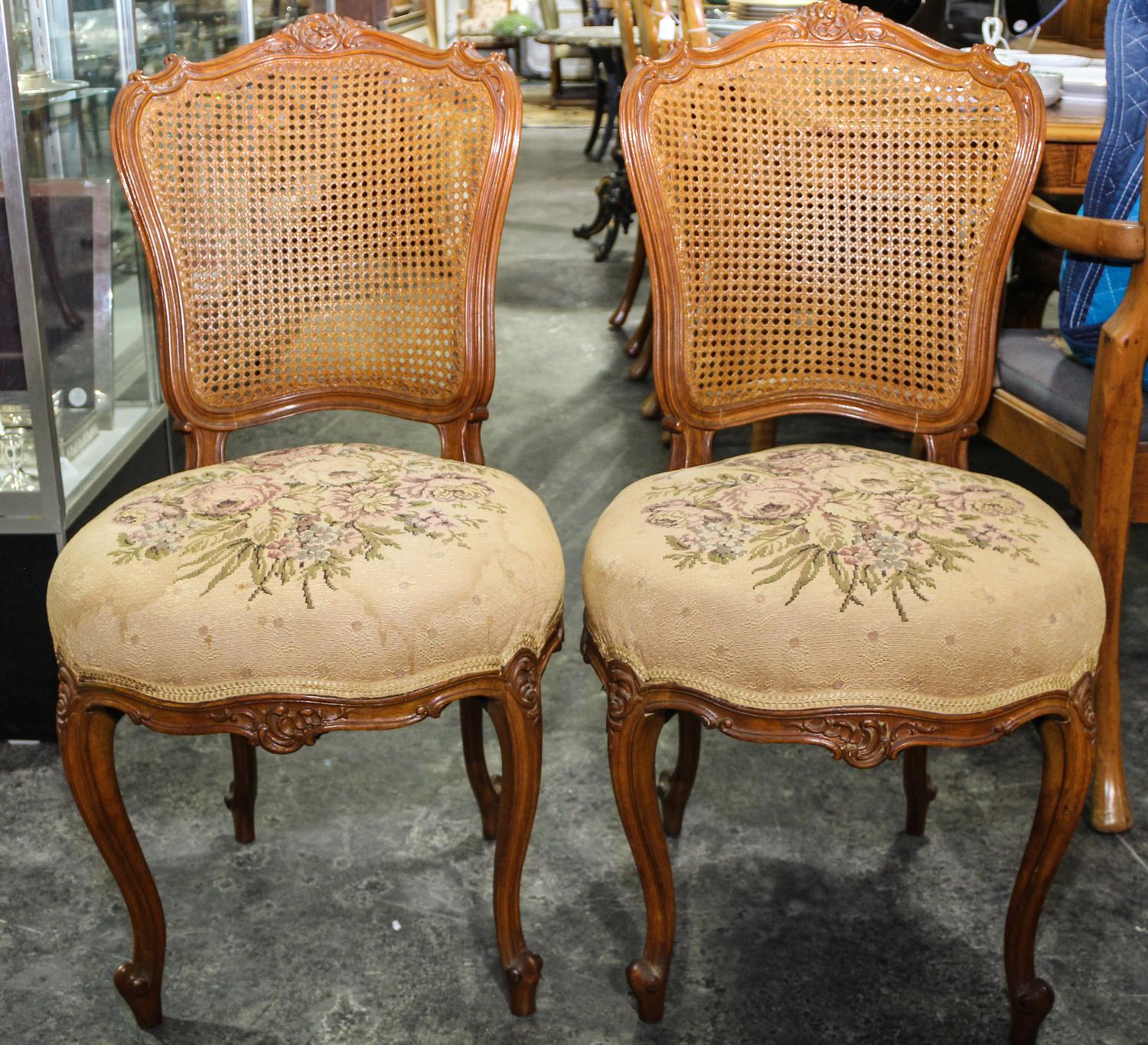 A Pair of Louis XV Style Chairs. Height of each 36 inches.