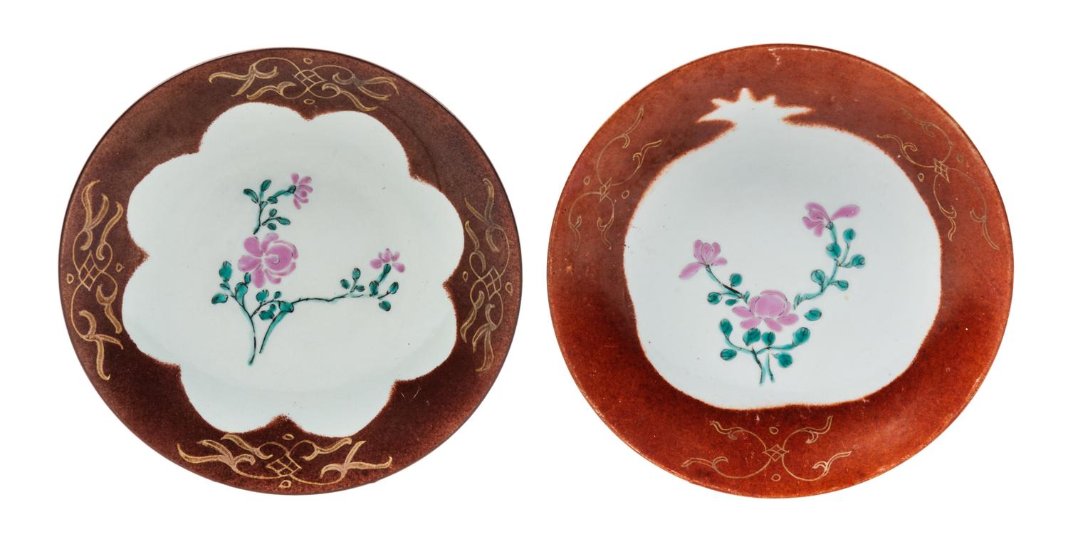 A Pair of Gilt Decorated Brown Glazed Porcelain Plates