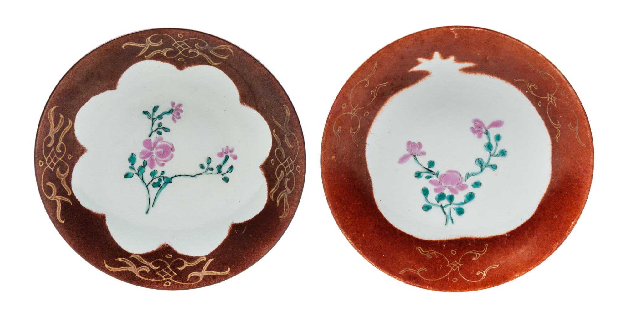 A Pair of Gilt Decorated Brown Glazed Porcelain Plates