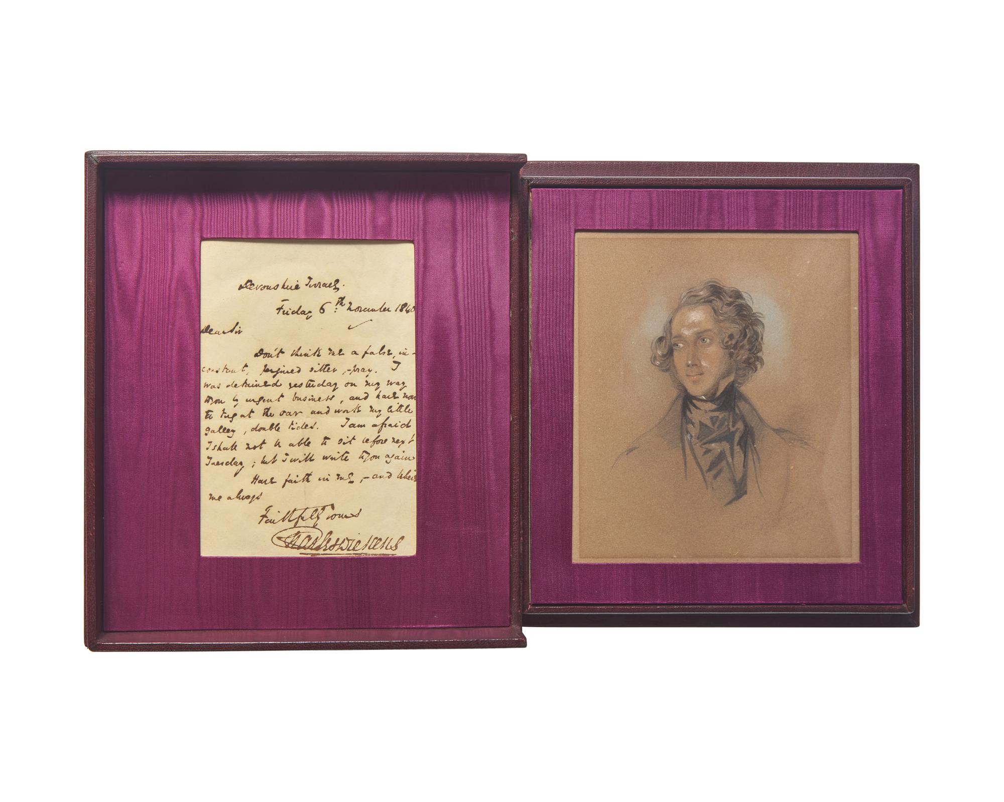 [Literature] [Dickens, Charles]. Taylor, Alfred Henry. Original Pencil and Wash Portrait, with an Autograph Letter, signed