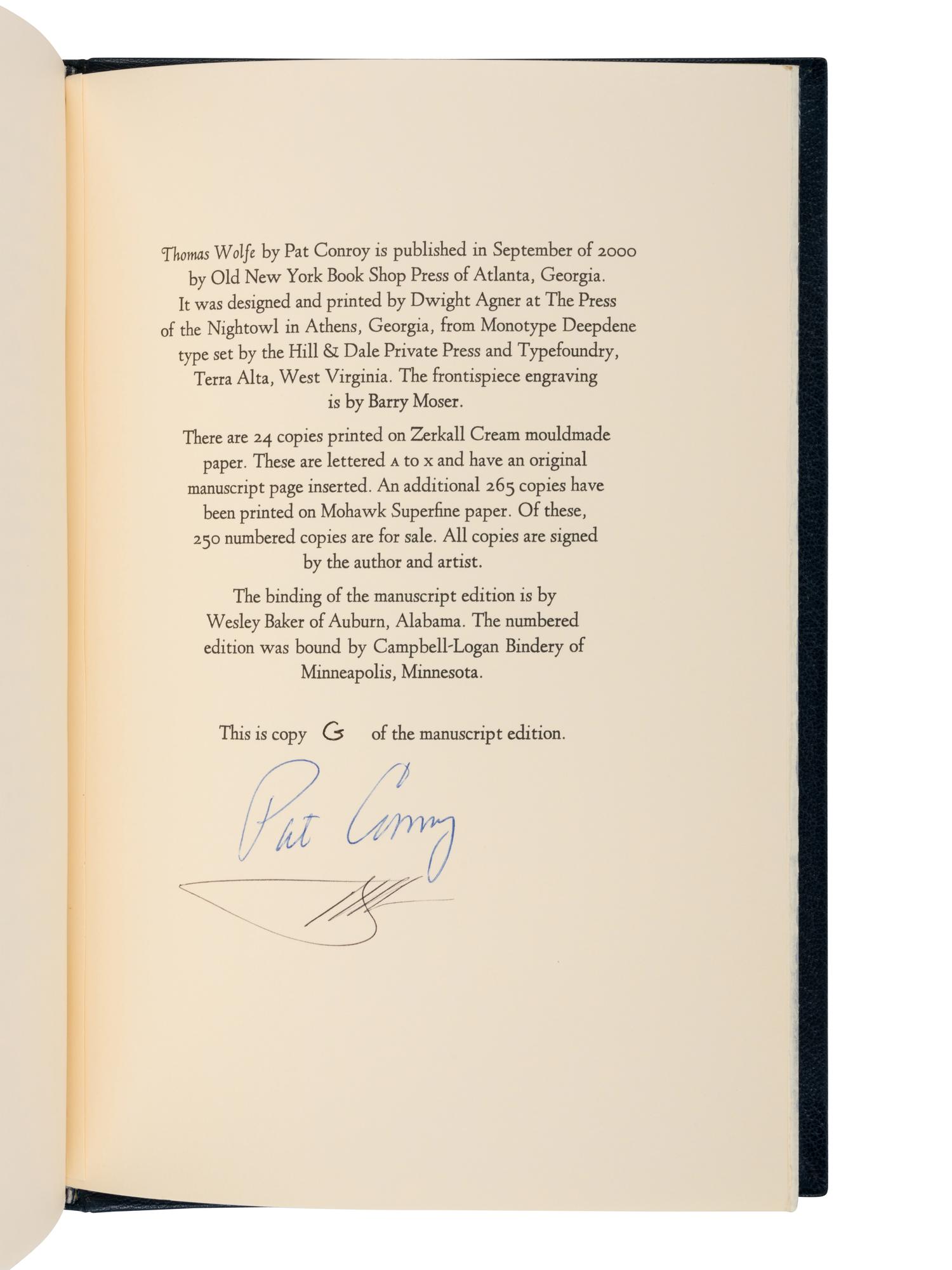 CONROY, Pat (1945-2016). Thomas Wolfe . Atlanta: Old New York Book Shop Press, 2000.