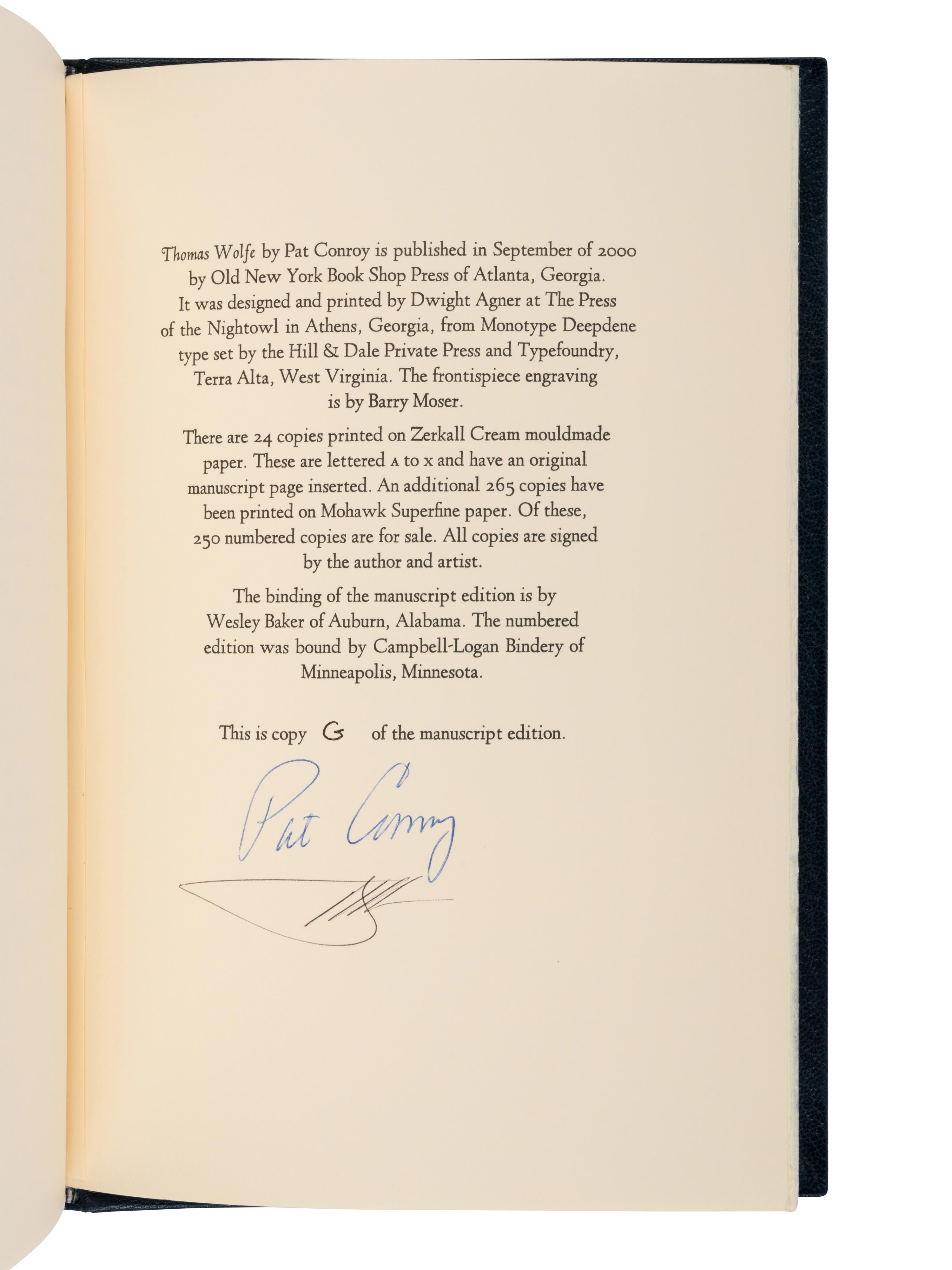 CONROY, Pat (1945-2016). Thomas Wolfe . Atlanta: Old New York Book Shop Press, 2000.