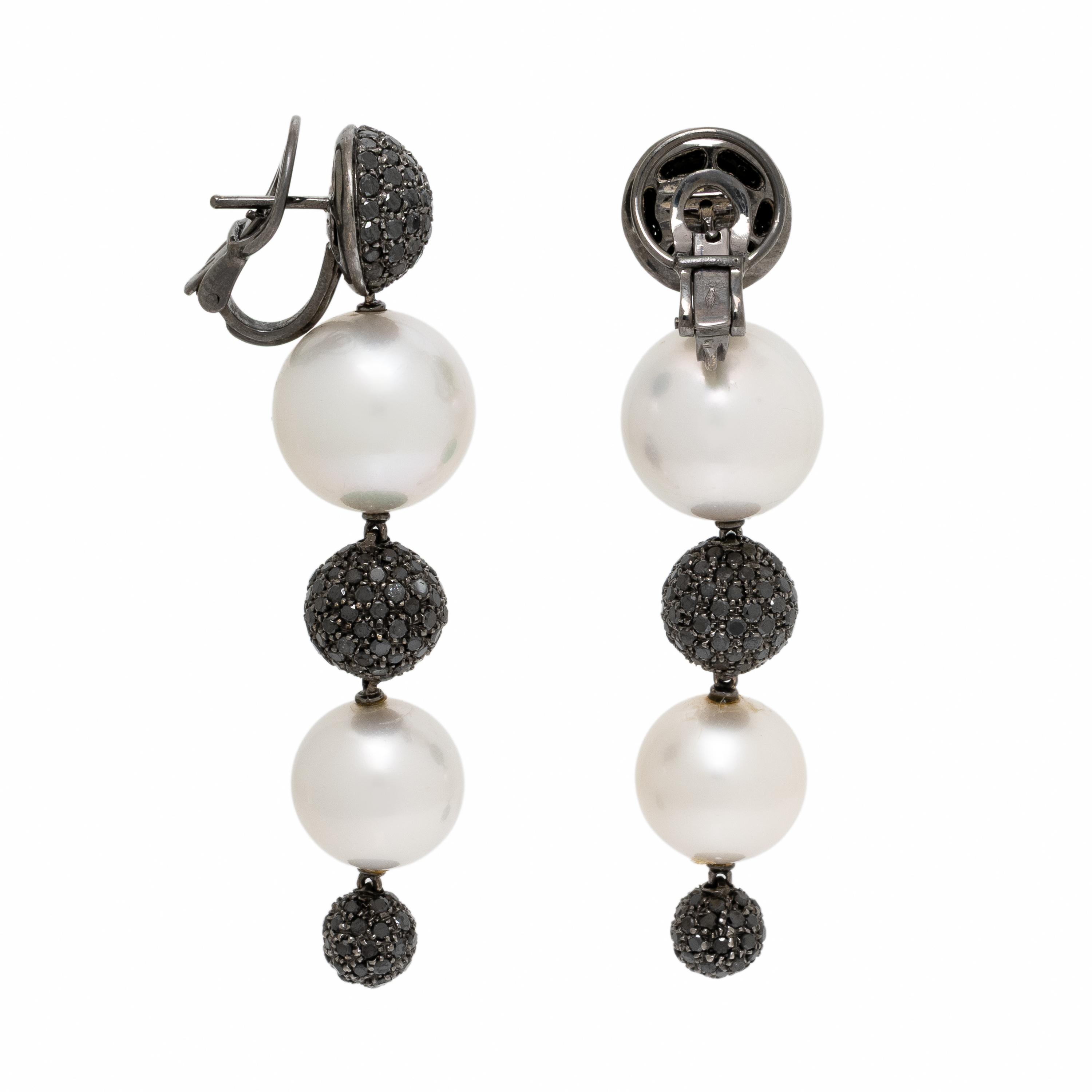 Black Diamond, Cultured Pearl, and Blackened Gold Earrings