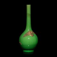 A Chinese Gilt Lacquered Green Glazed Porcelain 'Crane' Bottle Vase, 19th-Early 20th Century 晚清-民國 綠釉貼描金漆鶴長頸瓶