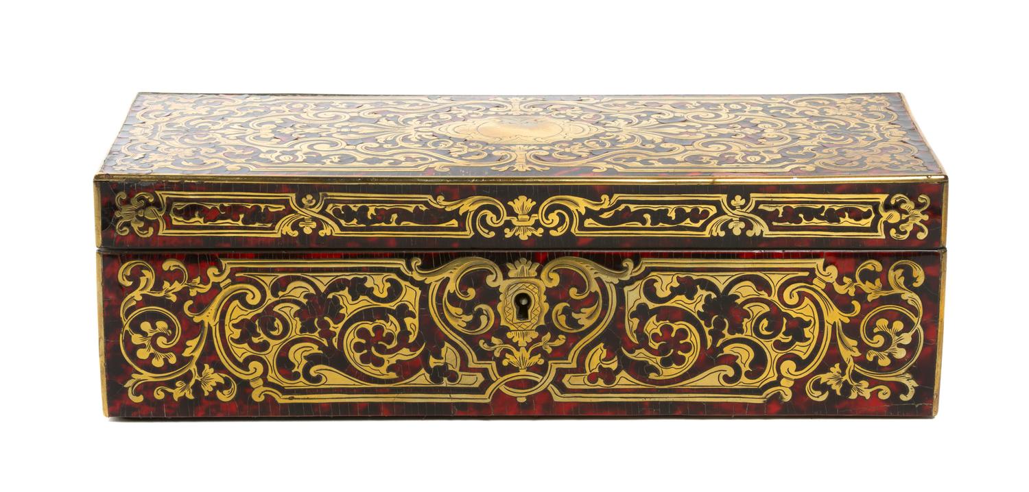 A Napoleon III Boulle Marquetry Table Casket, Width 10 1/2 inches.