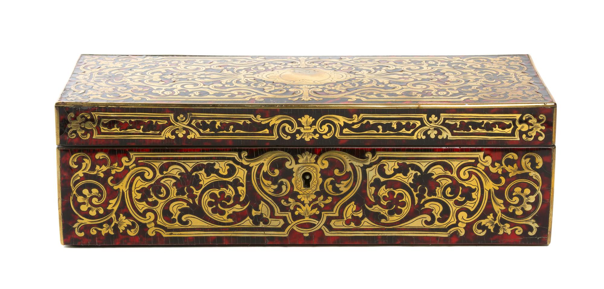 A Napoleon III Boulle Marquetry Table Casket, Width 10 1/2 inches.
