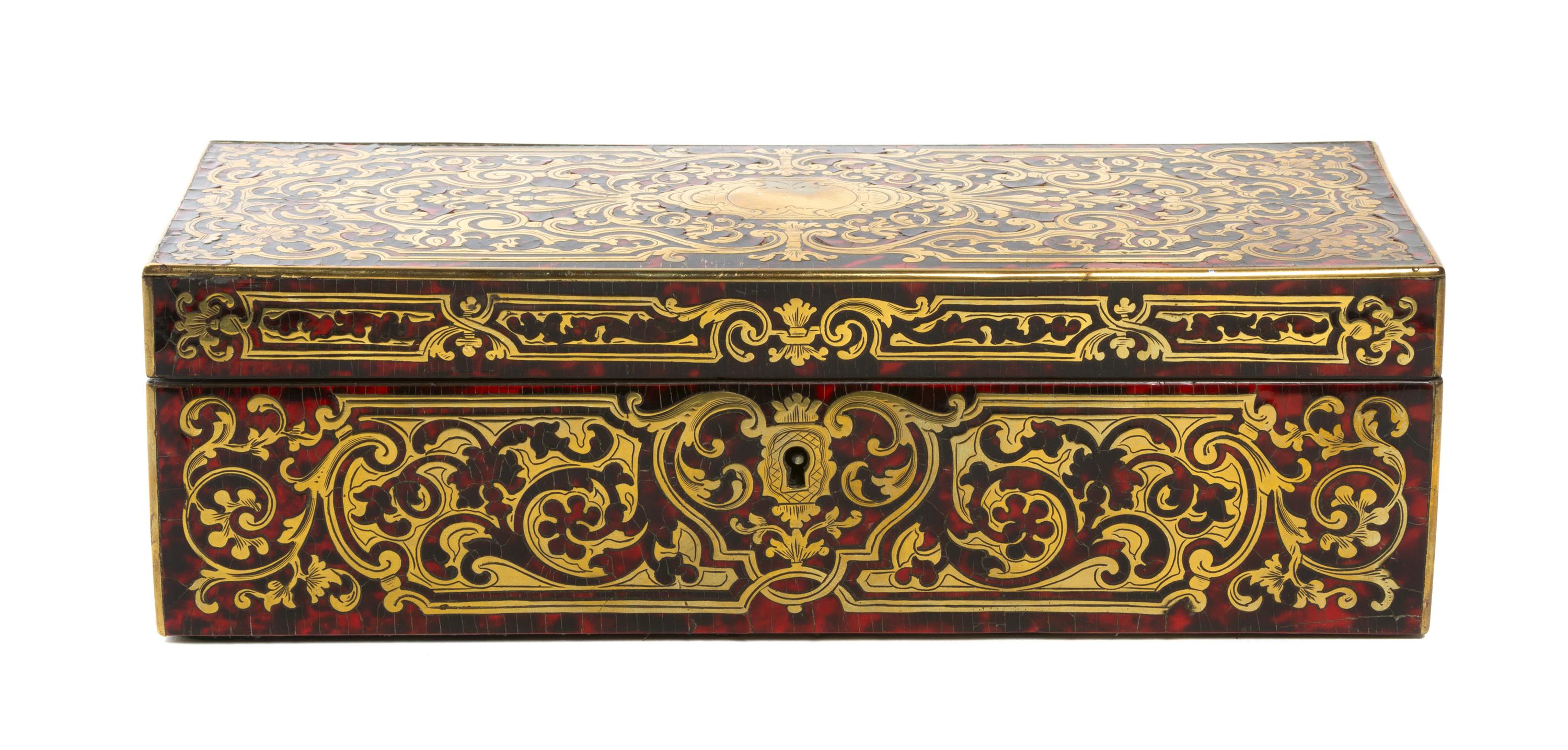 A Napoleon III Boulle Marquetry Table Casket, Width 10 1/2 inches.