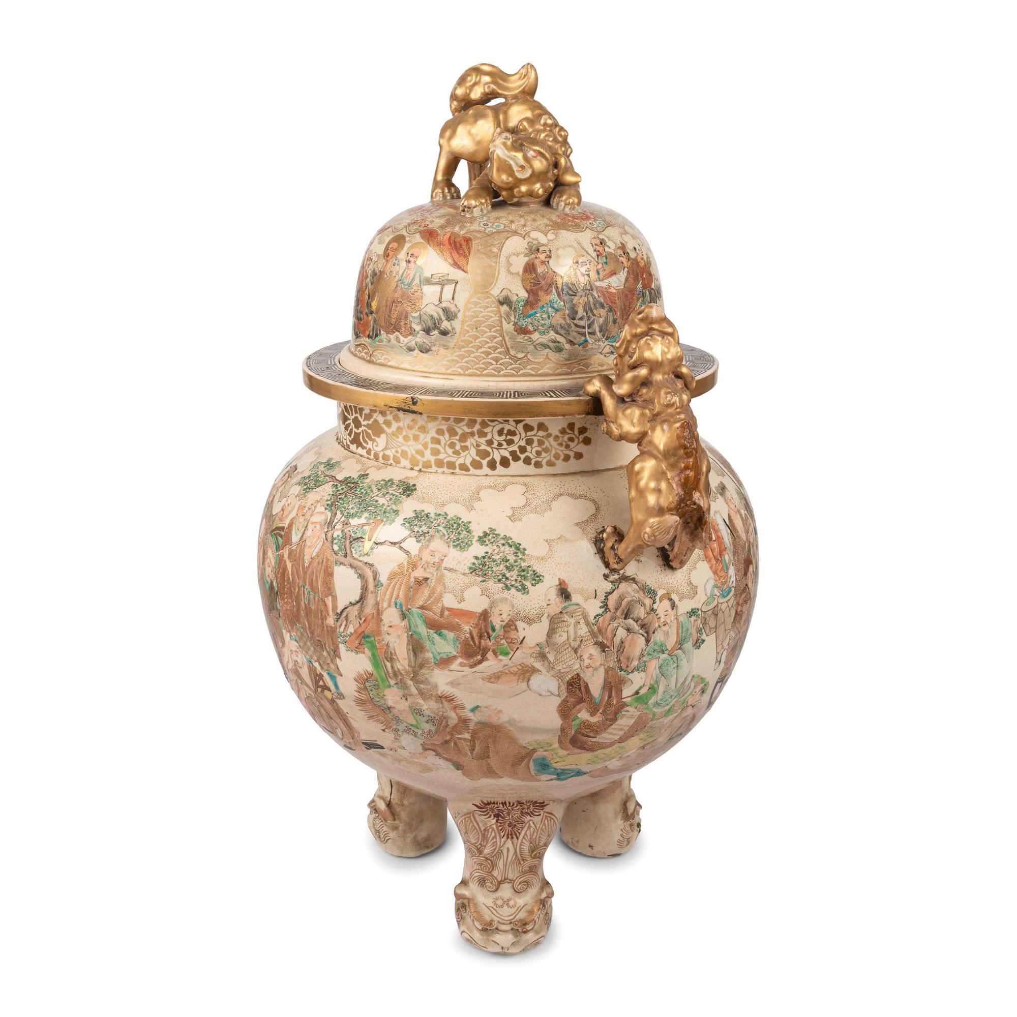 A Monumental Satsuma Porcelain Tripod Vessel and Cover