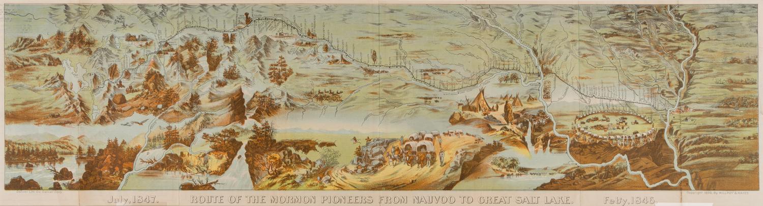 [MORMONS]. MILLROY & HAYES (fl. 1899). Route of the Mormon Pioneers from Nauvoo to Great Salt Lake, 1846-1847 . Denver: Milroy and Hayes for Denver Lithographing Company, ca 1899-1903.