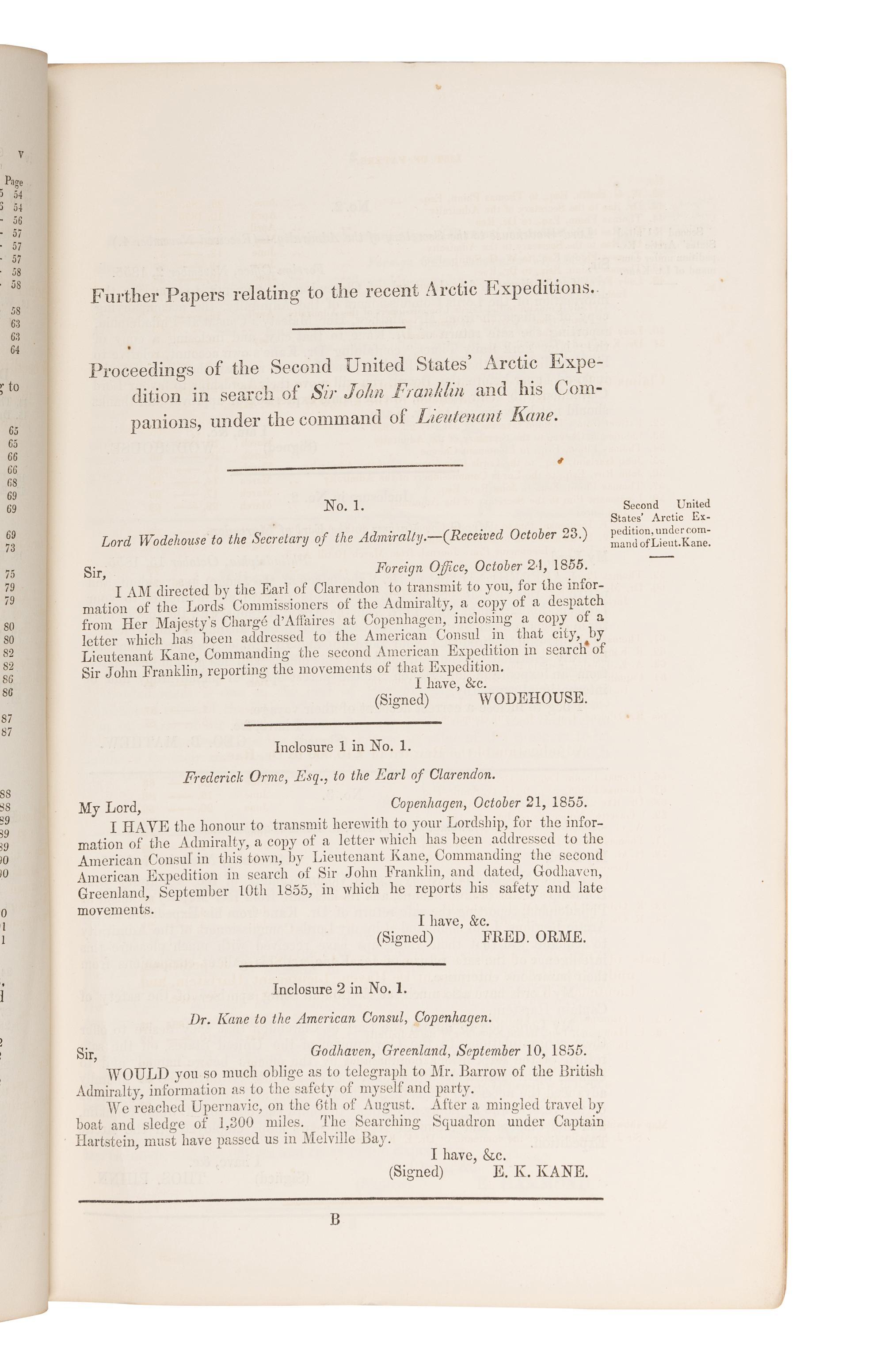 [BRITISH PARLIAMENTARY PAPERS]. Further Papers Relative to the Recent Arctic Expeditions in Search of Sir J. Franklin, and the Crews of Her Majesty's Ships "Erebus" and "Terror" . London: Harrison and Sons, 1856.