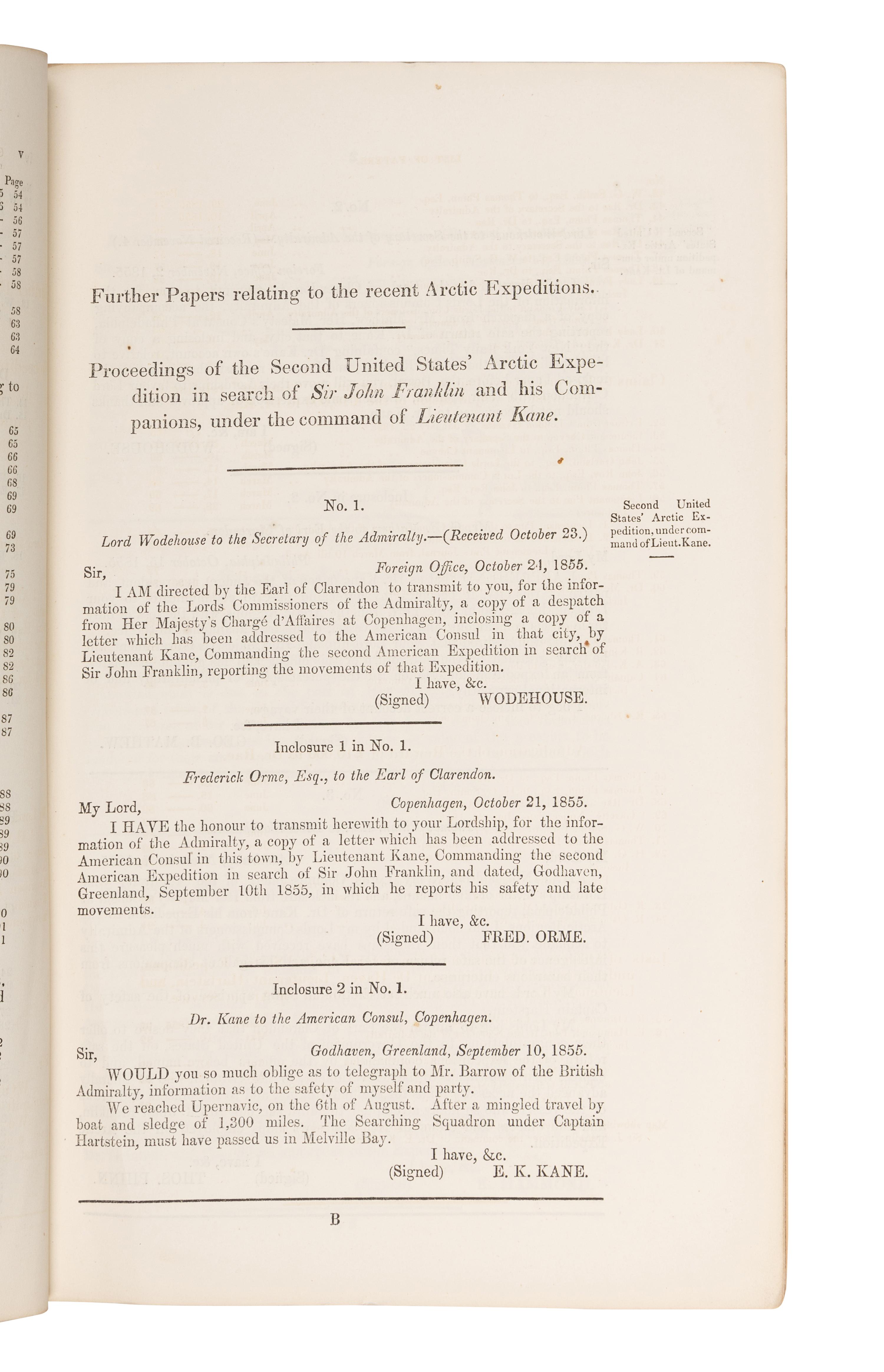 [BRITISH PARLIAMENTARY PAPERS]. Further Papers Relative to the Recent Arctic Expeditions in Search of Sir J. Franklin, and the Crews of Her Majesty's Ships "Erebus" and "Terror" . London: Harrison and Sons, 1856.
