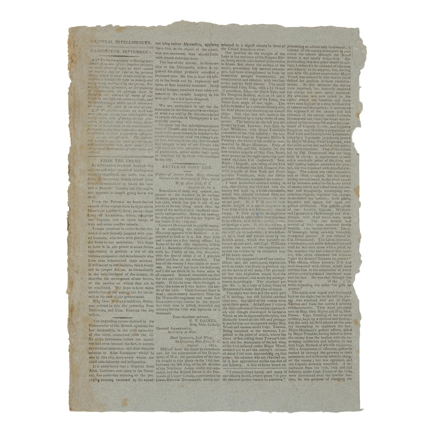 [War of 1812] The National Intelligencer 's Third Issue, Published After Its Press and Building Were Destroyed in the Burning of Washington, D.C., September 1, 1814