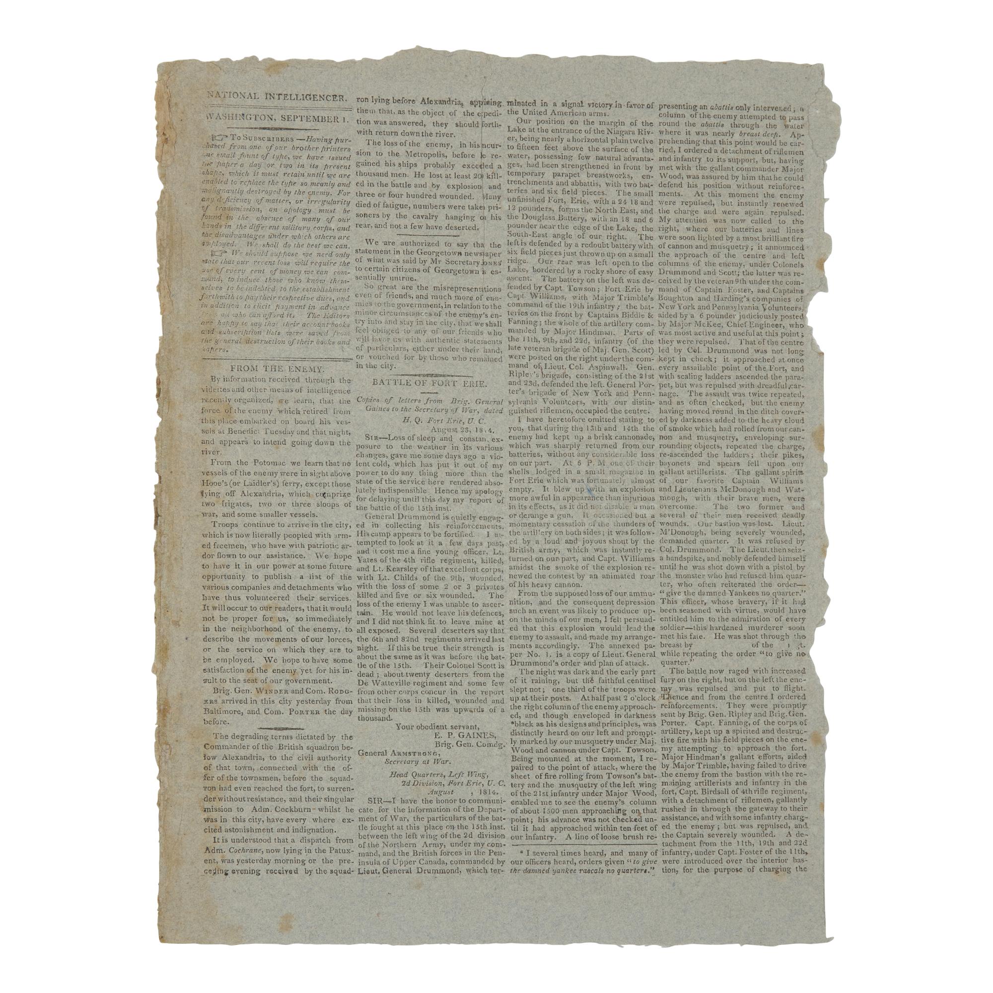[War of 1812] The National Intelligencer 's Third Issue, Published After Its Press and Building Were Destroyed in the Burning of Washington, D.C., September 1, 1814