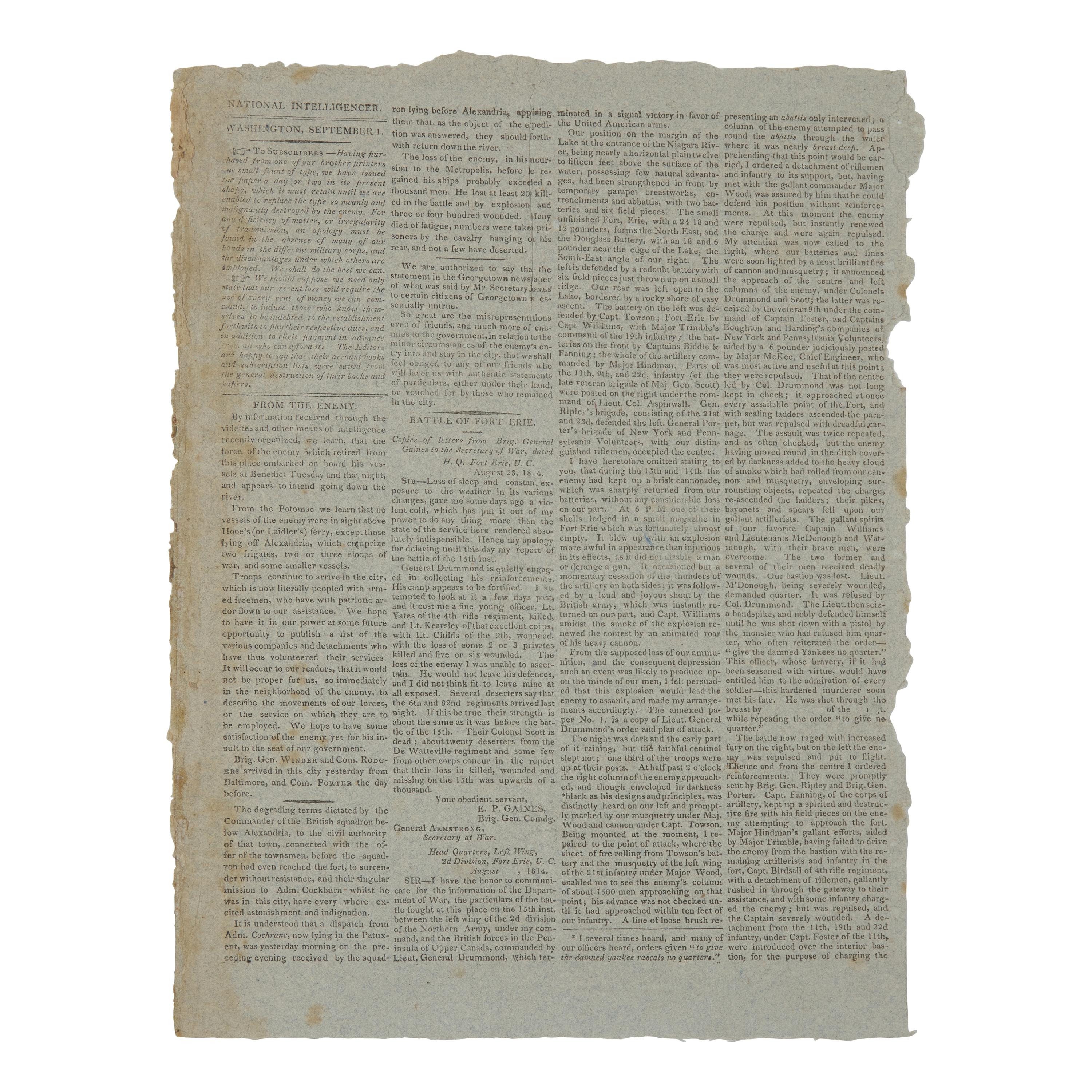 *[War of 1812] The National Intelligencer 's Third Issue, Published After Its Press and Building Were Destroyed in the Burning of Washington, D.C., September 1, 1814