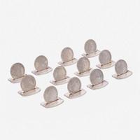 A Cased Set of Twelve French Silver Place Card Holders Ravinet Louis & Denfert Charles, retailed by Hermès, Paris, mid 20th century