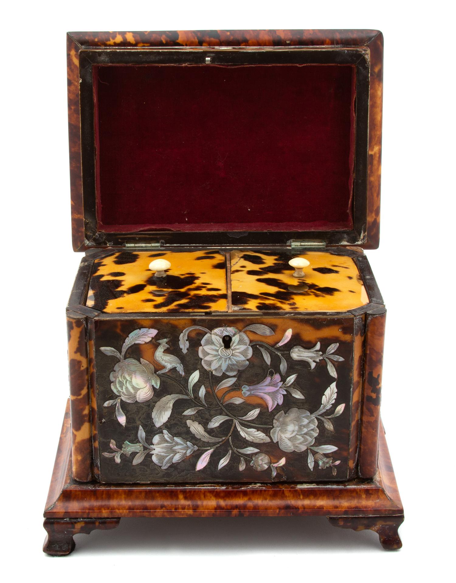 A Regency Mother-of-Pearl Inlaid Tortoiseshell Tea Caddy Height 6 1/2 x width 7 1/4 x depth 5 1/2 inches. — 19TH CENTURY