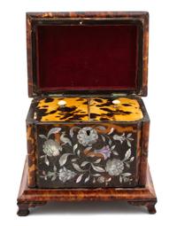 A Regency Mother-of-Pearl Inlaid Tortoiseshell Tea Caddy Height 6 1/2 x width 7 1/4 x depth 5 1/2 inches. — 19TH CENTURY