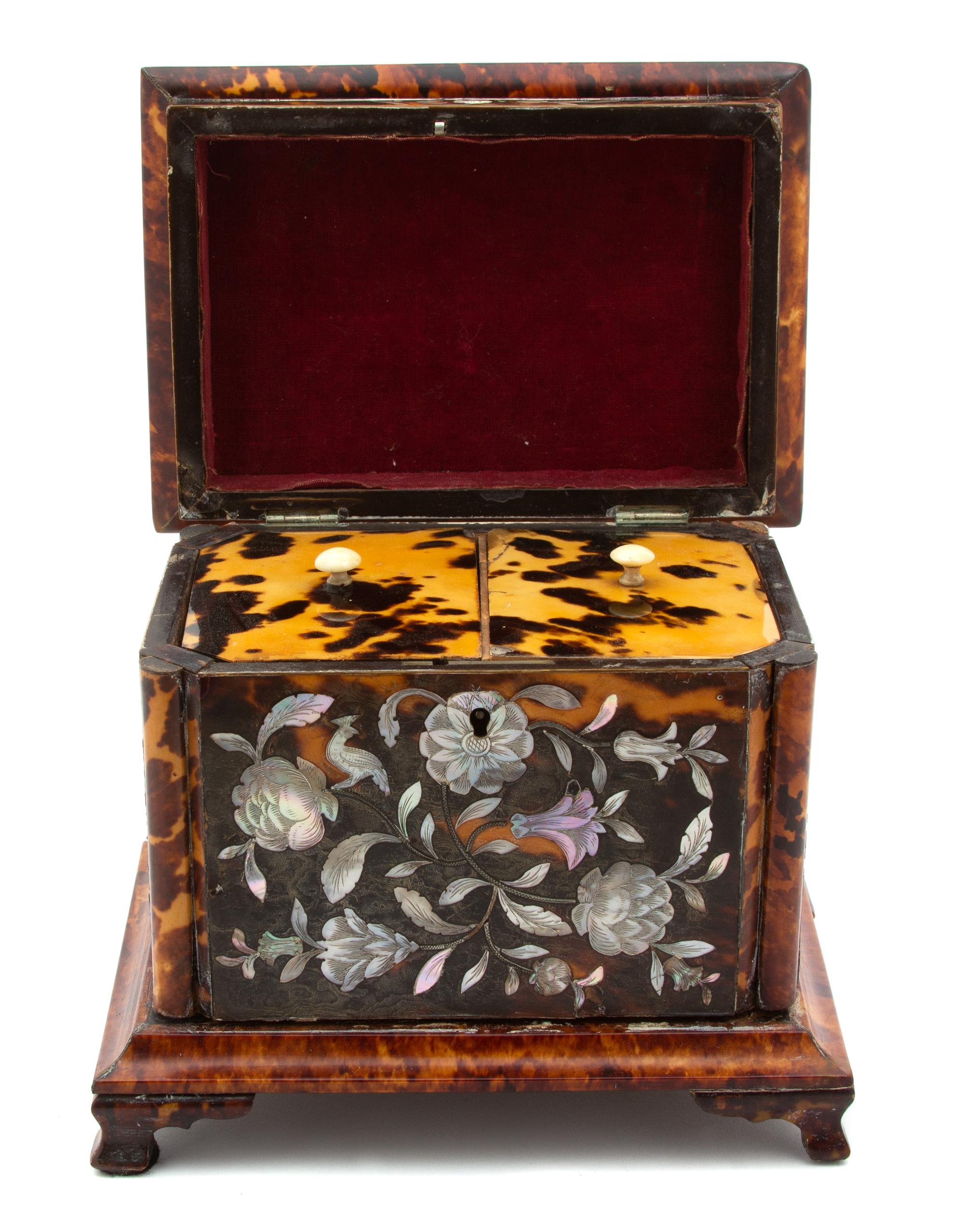 A Regency Mother-of-Pearl Inlaid Tortoiseshell Tea Caddy Height 6 1/2 x width 7 1/4 x depth 5 1/2 inches. — 19TH CENTURY