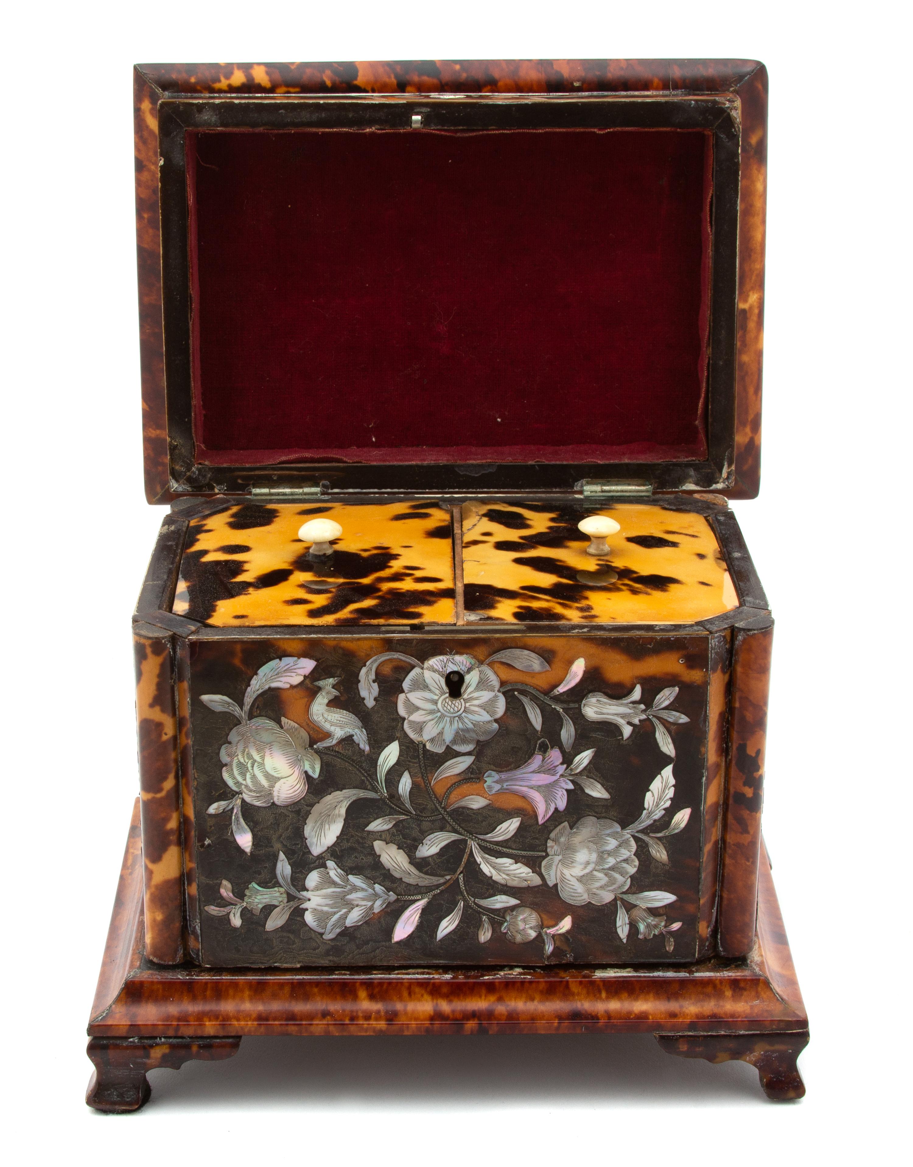 A Regency Mother-of-Pearl Inlaid Tortoiseshell Tea Caddy Height 6 1/2 x width 7 1/4 x depth 5 1/2 inches. — 19TH CENTURY
