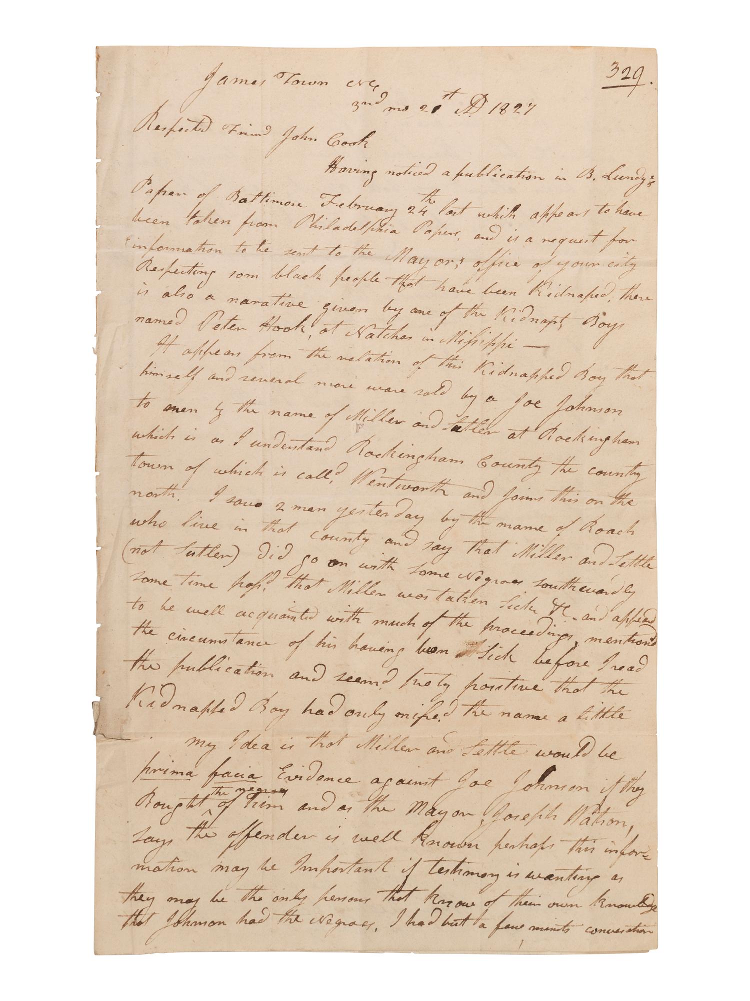 [ABOLITION]. Quaker letter regarding slavery & kidnapping of free Black people. Jamestown, NC, 1827.