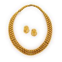 LALAOUNIS, YELLOW GOLD HERCULES KNOT EARRINGS AND BEADED NECKLACE