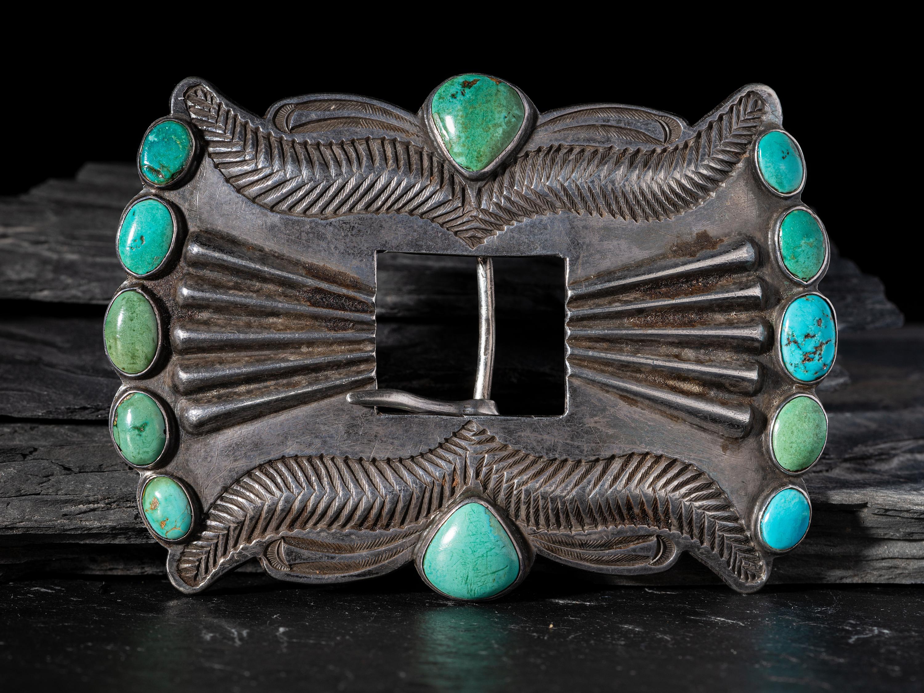 Navajo Ingot Silver and Turquoise Belt Buckle