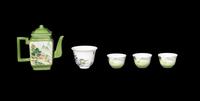A Five-Piece Chinese Green Ground Famille Rose Porcelain Tea Set