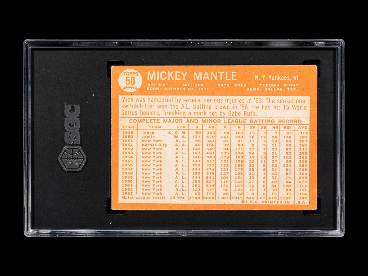 A 1964 Topps Mickey Mantle Baseball Card No. 50 (SGC 3.5 VG+)